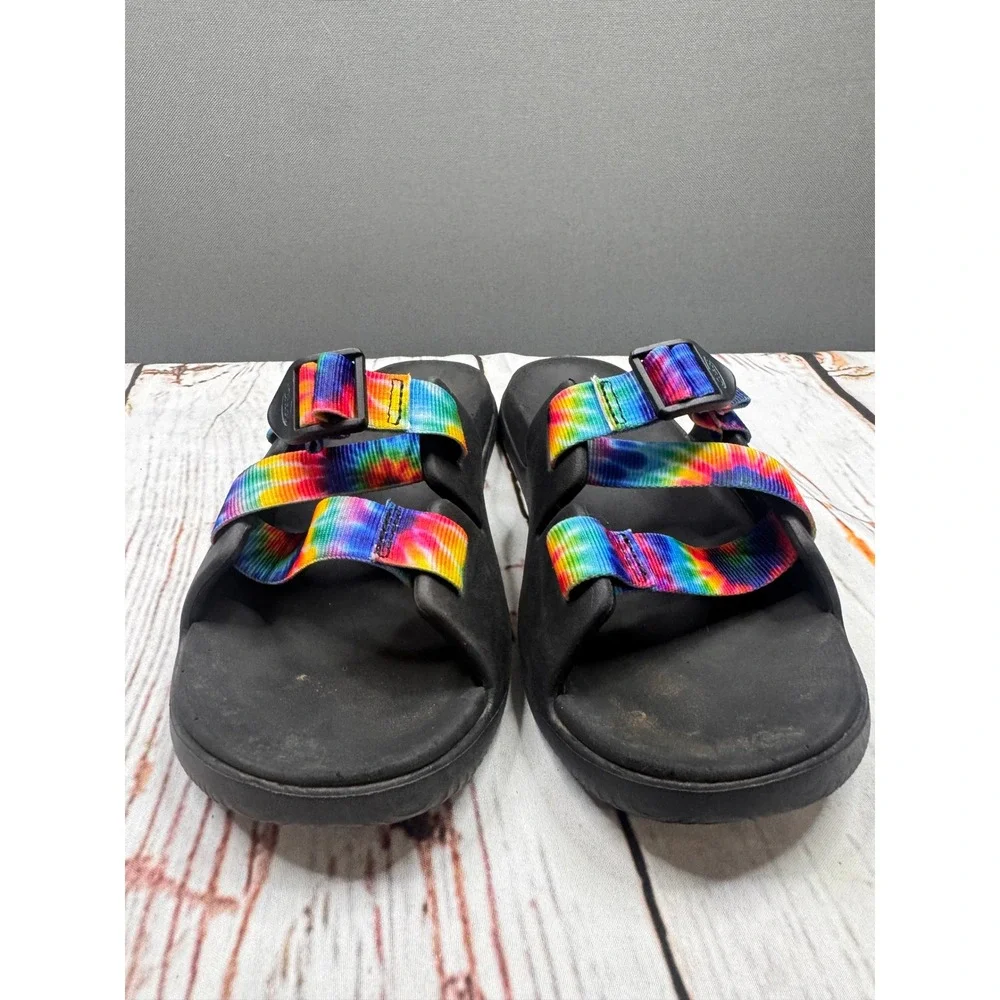 Chaco Chillos Slide Sandals Kids Black Rainbow Tie Dye Adjustable Straps Size 5‎